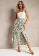 Spódnice - Zielona Rozkloszowana Spódnica Maxi z Gumką w Talii z Wiskozy w Kwiaty Scottia - miniaturka - grafika 1