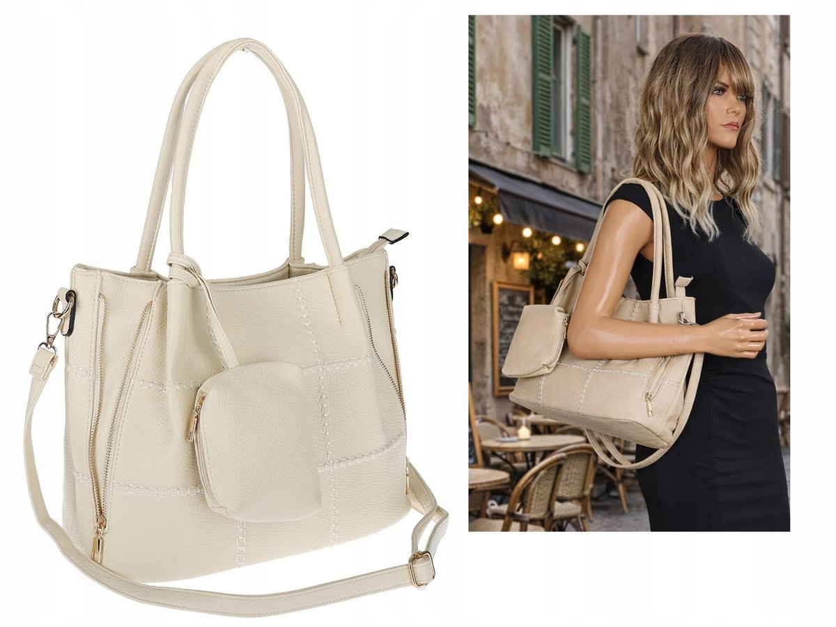 Torebka Damska Shopperka Pojemna Duża Modna Torba kuferek LH6022 Beżowa