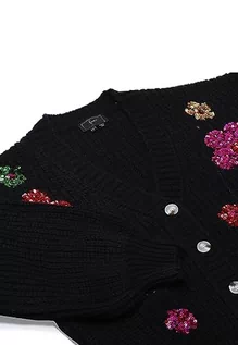 Swetry damskie - faina Damski modny kardigan z kolorowymi kwiatami i cekinami, czarny, rozmiar XS/S, czarny, XL - grafika 1