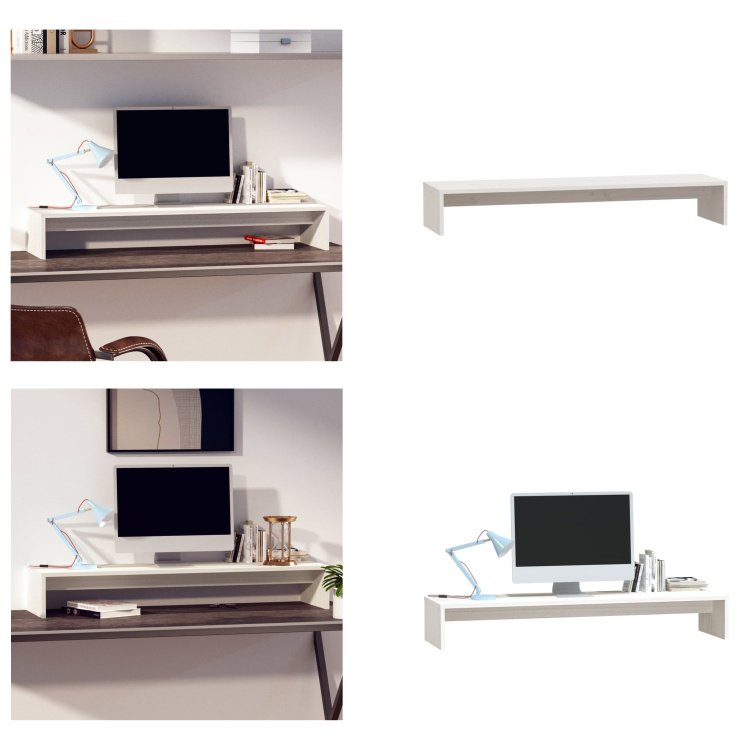 vidaXL Podstawa pod monitor biała 100x27x15 cm z litego drewna sosnowego - Podstawa pod monitor - Blat biurka - Podwyższenie monitora - Podwyższenia monitora