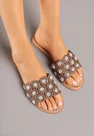 Klapki i japonki damskie - Ciemnobeżowe Klapki z Haftowaną Cholewką Talovira - miniaturka - grafika 1