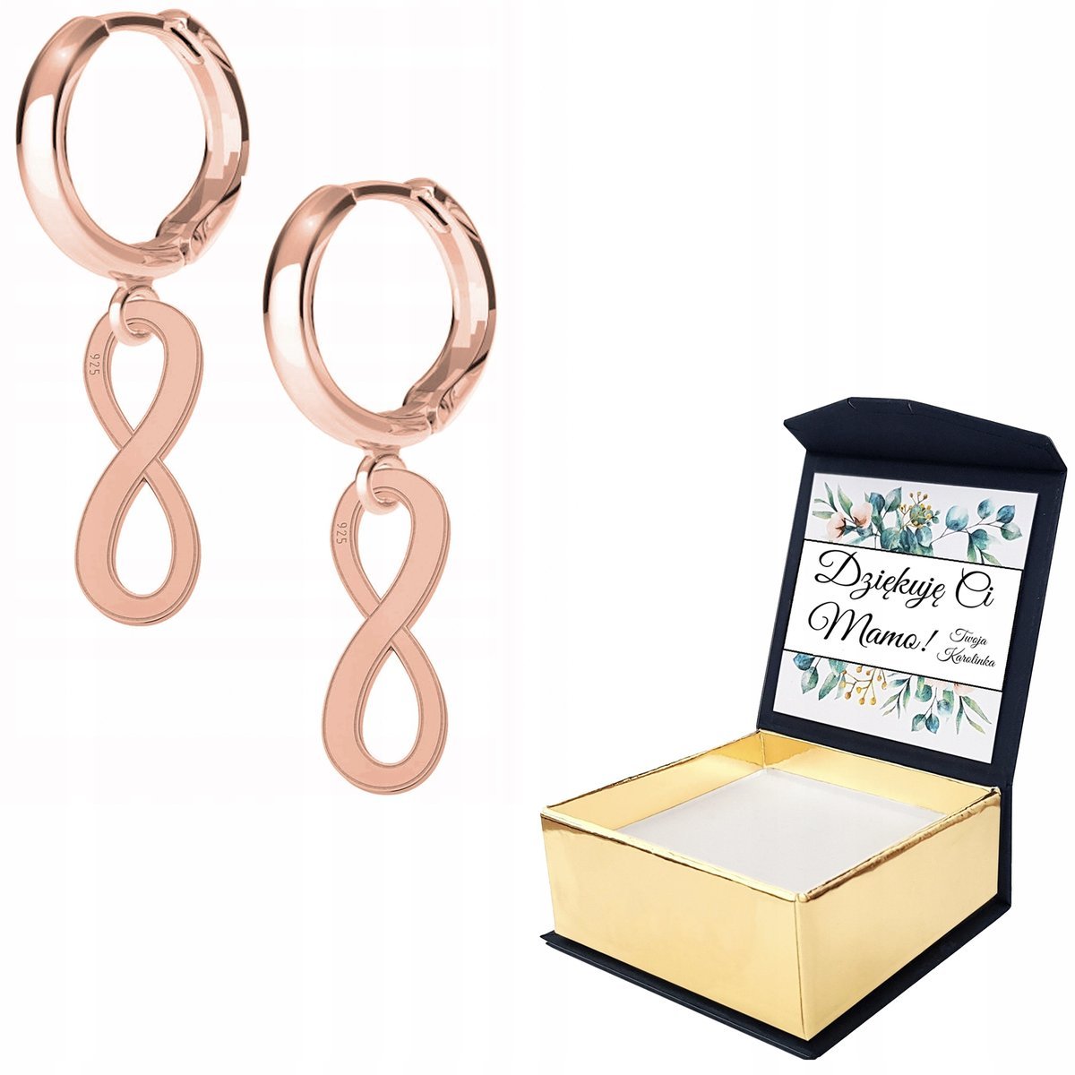 Kolczyki różowe złoto Nieskończoność WŁASNY NADRUK