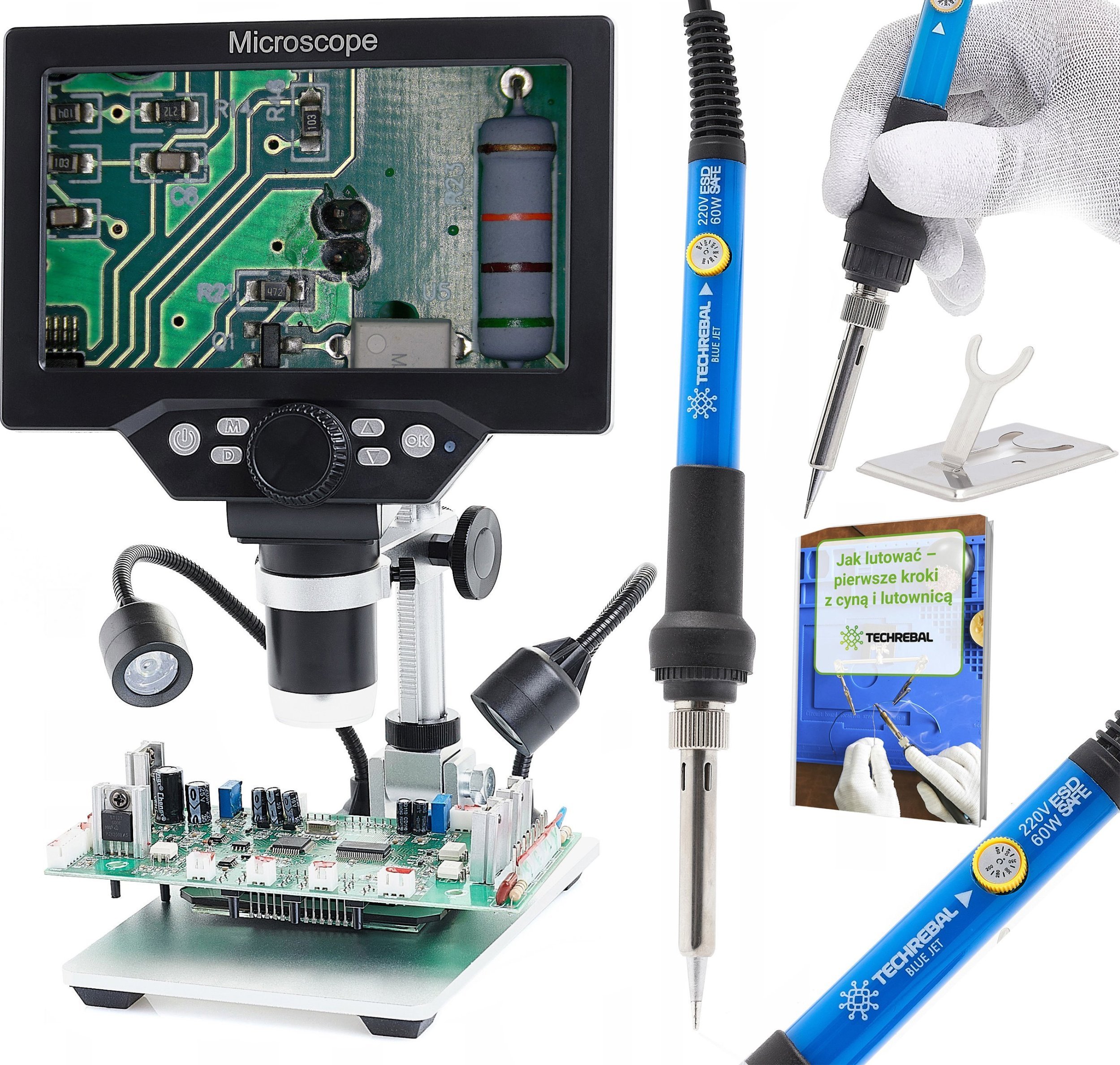 Mikroskop Cyfrowy 1200x Menu PL Kamera 12MP z Lutownicą do Lutowania 60w