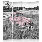 Parawany - Parawan pokojowy FEEBY, Różowe auto w polu, Obrotowy 145x170cm 4-częściowy - miniaturka - grafika 1