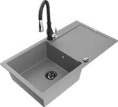 Zlewozmywaki z baterią - Mexen Leo zlewozmywak granitowy 1-komorowy z ociekaczem i baterią kuchenną Savita, szary - 6501-71-672601-70-B - miniaturka - grafika 1