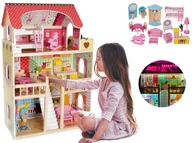 Domki dla lalek - DUŻY DOMEK DLA LALEK Drewniany Z Wyposażeniem Akcesoriami Do Zabawy - miniaturka - grafika 1