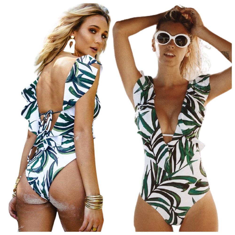 Jednoczęściowy Strój Kąpielowy Monokini Liście Print Kostium Na Basen M