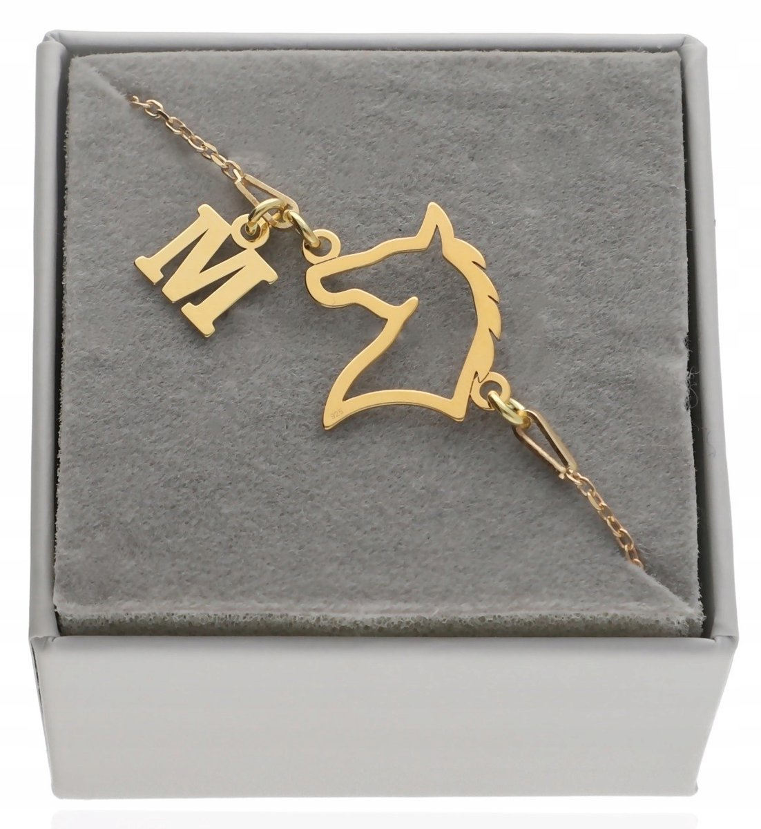 Złota bransoletka z koniem konik koń DOWOLNA LITERKA PUDEŁKO SREBRO 925