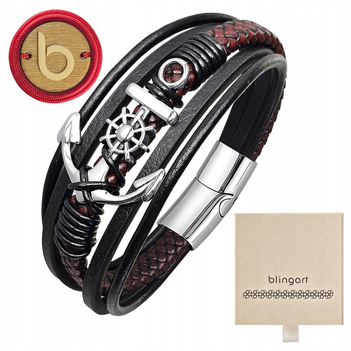 Bransoletka męska skórzana stal chirurgiczna czarna z kotwicą BLINGART
