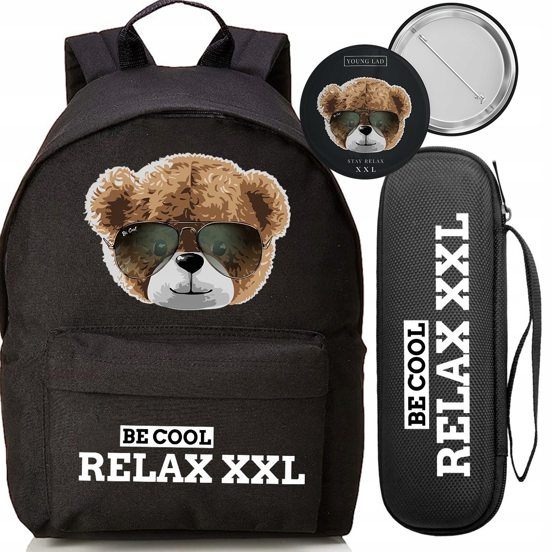 ZESTAW PLECAK CZARNY PIÓRNIK PRZYPINKA BE COOL RELAX MIŚ MŁODZIEŻOWY TRENDY