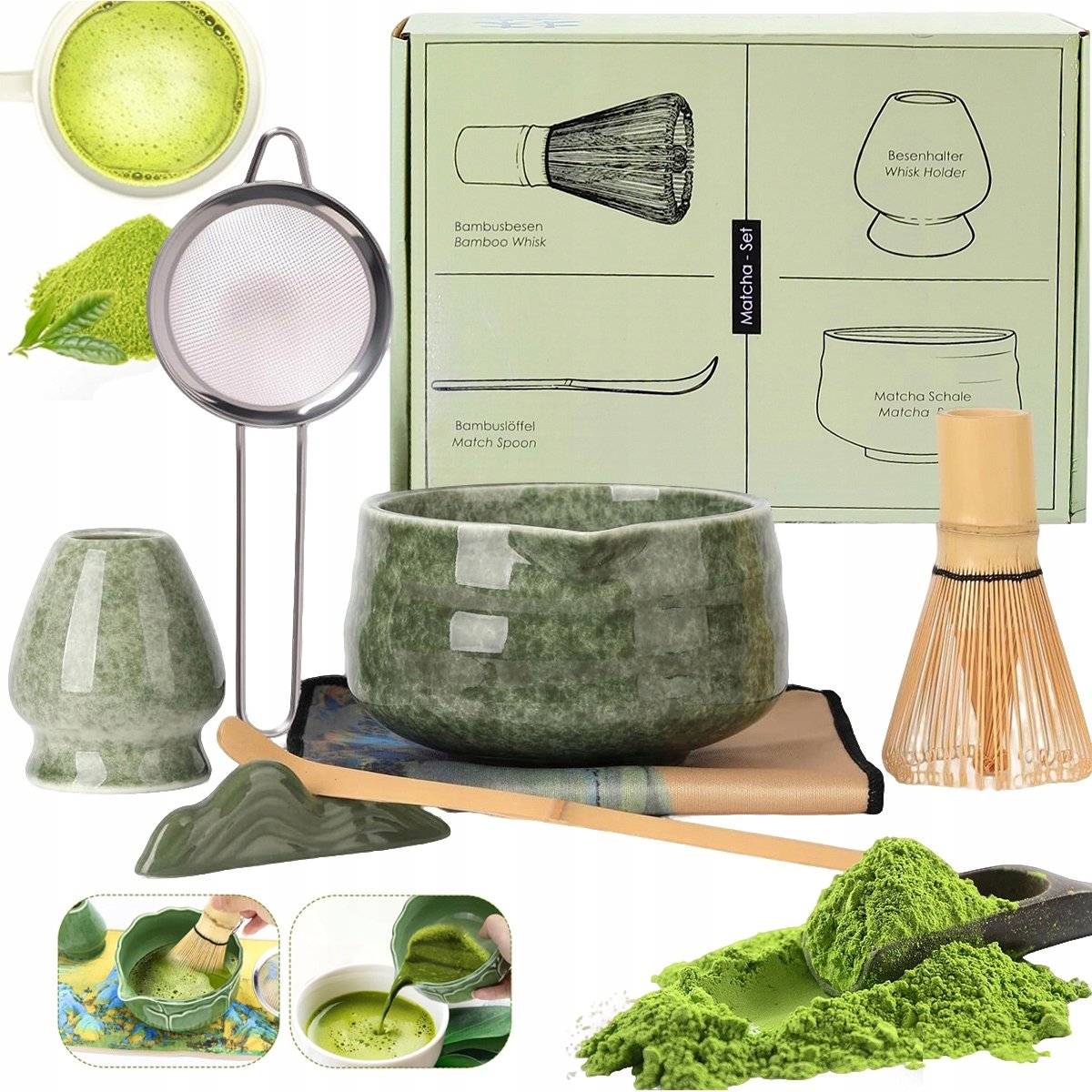 Zestaw do Matcha z Miską Ceramiczną, Akcesoria do Robienia Matchy Zielony