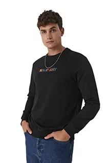 Bluzy męskie - Trendyol Męska bluza z okrągłym dekoltem i napisem, Czarny, S duże rozmiary - grafika 1