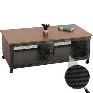 Stolik kawowy HWC-N28, stolik pod sofę, kółka 2 przegrody, struktura 3D industrial retro metal drewno 45x120x60cm ~ czarny, brązowy - Ławy i stoliki kawowe - miniaturka - grafika 1