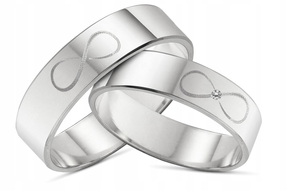 Obrączki srebrne ze znakiem nieskończoności, kamień w damskiej