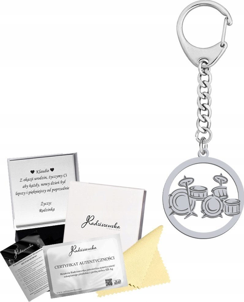 Radziszewska Jewellery Brelok do Kluczy Perkusja Srebro 925 Prezent Breloczek GRAWER GRATIS