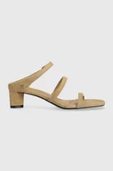 Klapki i japonki damskie - Tommy Hilfiger klapki zamszowe TH STRAP SUEDE MID HEEL damskie kolor beżowy na słupku FW0FW08043 - miniaturka - grafika 1