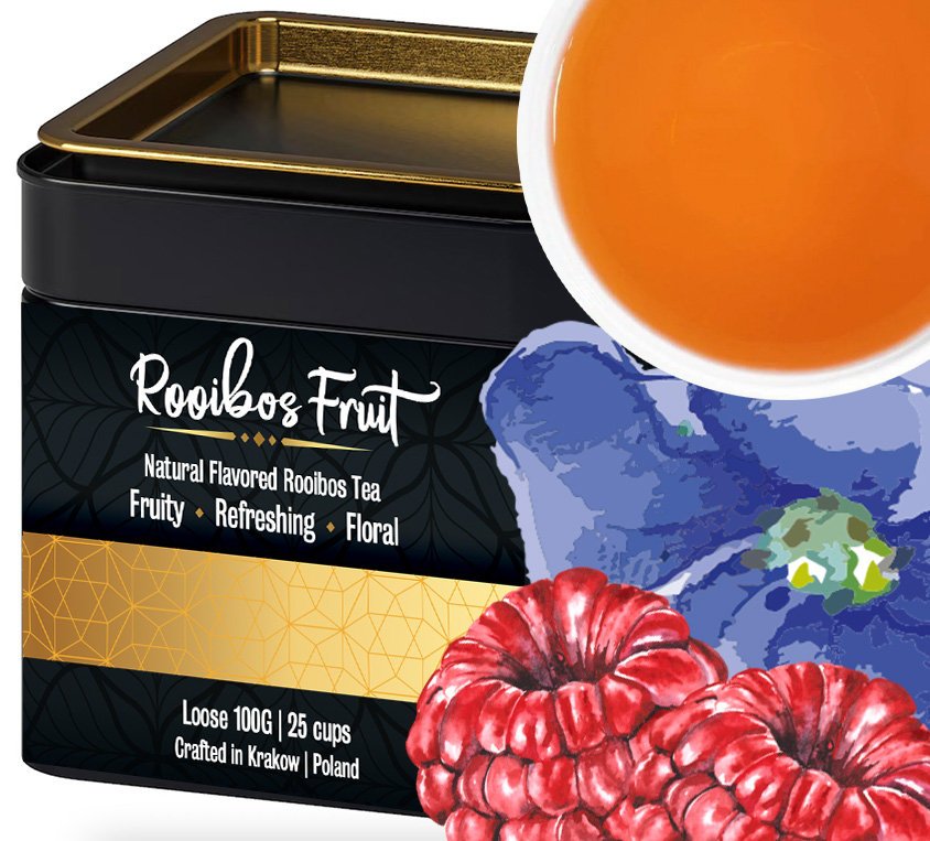 Rooibos Fruits Owocowa Malinowa Herbatka w Puszce Naturalne Aromaty Lio Malina Bławatek Puszka na Prezent 100g