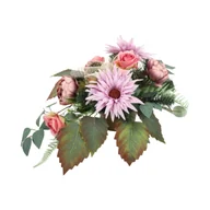 Sztuczne kwiaty - Stroik dekorowany w misie płaskiej ozdobnej margaretki, piwonie, róże - miniaturka - grafika 1