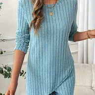 Bluzki damskie - TEMU Elegancka damska tunika z długim rękawem i okrągłym dekoltem, 95% poliester 5% spandex, dzianina w jednolitym kolorze, kontrastowy kołnierz, do - miniaturka - grafika 1