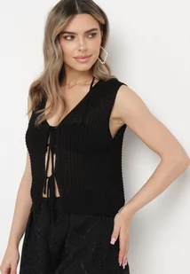 Czarna Szydełkowa Kamizelka Narzutka w Stylu Boho Norvagia - Kamizelki damskie - miniaturka - grafika 1