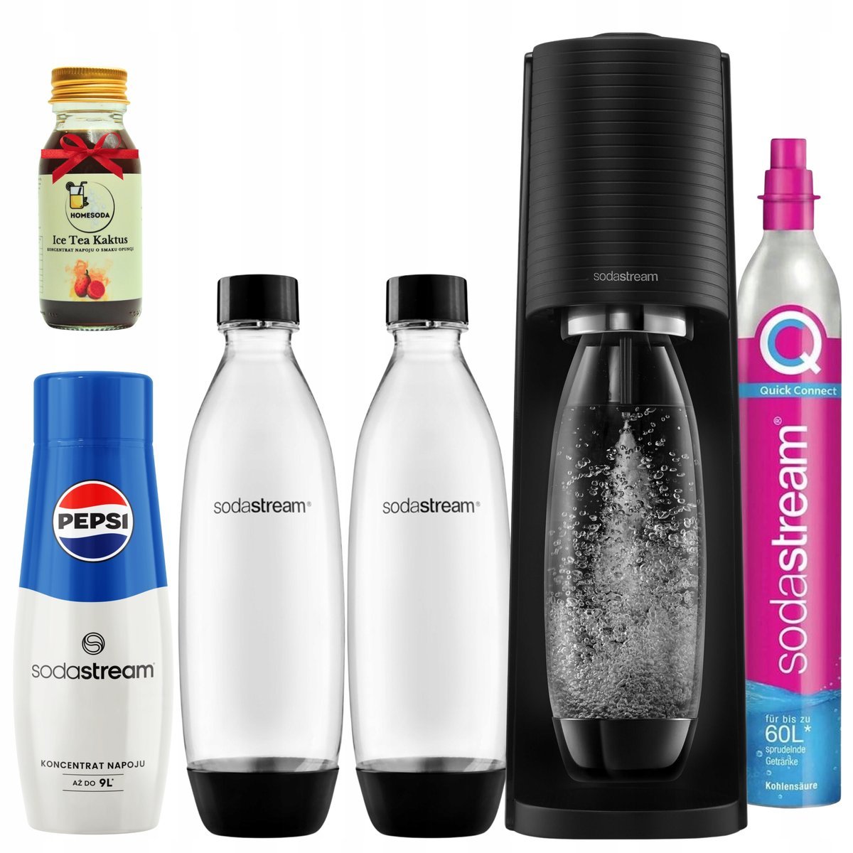 Saturator Sodastream Terra Czarny do gazowania wody, PEPSI + ICE TEA KAKTUS
