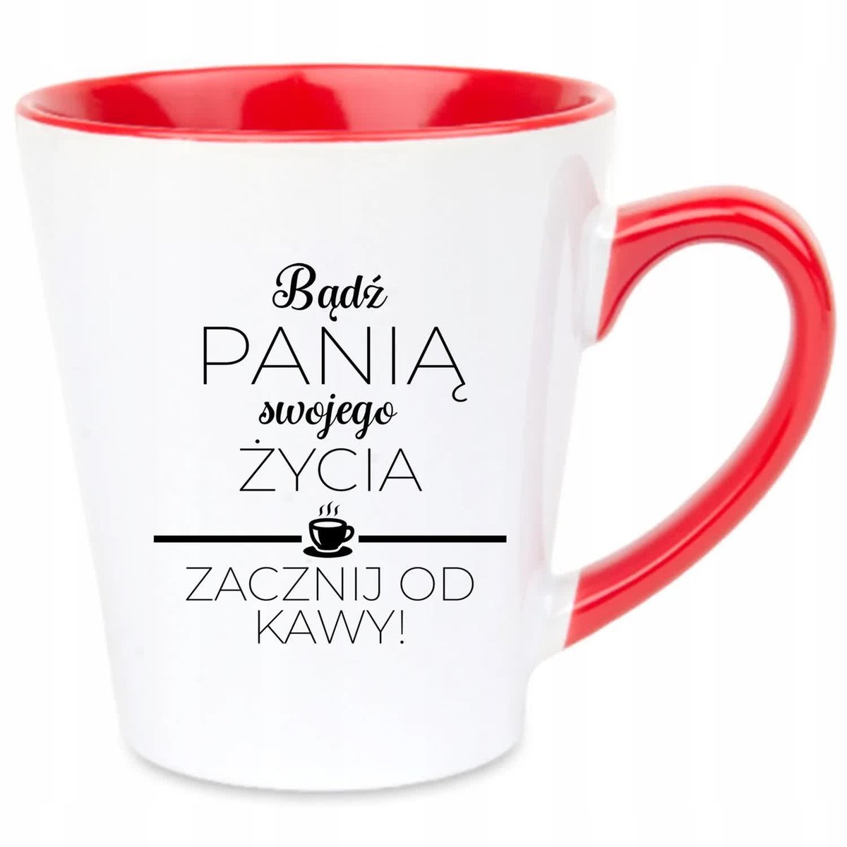 Kubek Latte Czerwono Biały ZACZNIJ OD KAWY Na Prezent Pozytywne Wzory