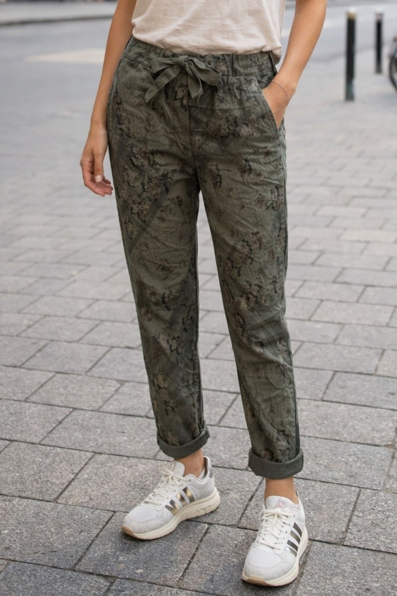 Spodnie damskie włoskie khaki wzór kwiatowy casual Uni