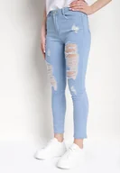 Spodnie damskie - Niebieskie Skinny Jeansy z Wysokim Stanem i Dziurami Lainera - miniaturka - grafika 1