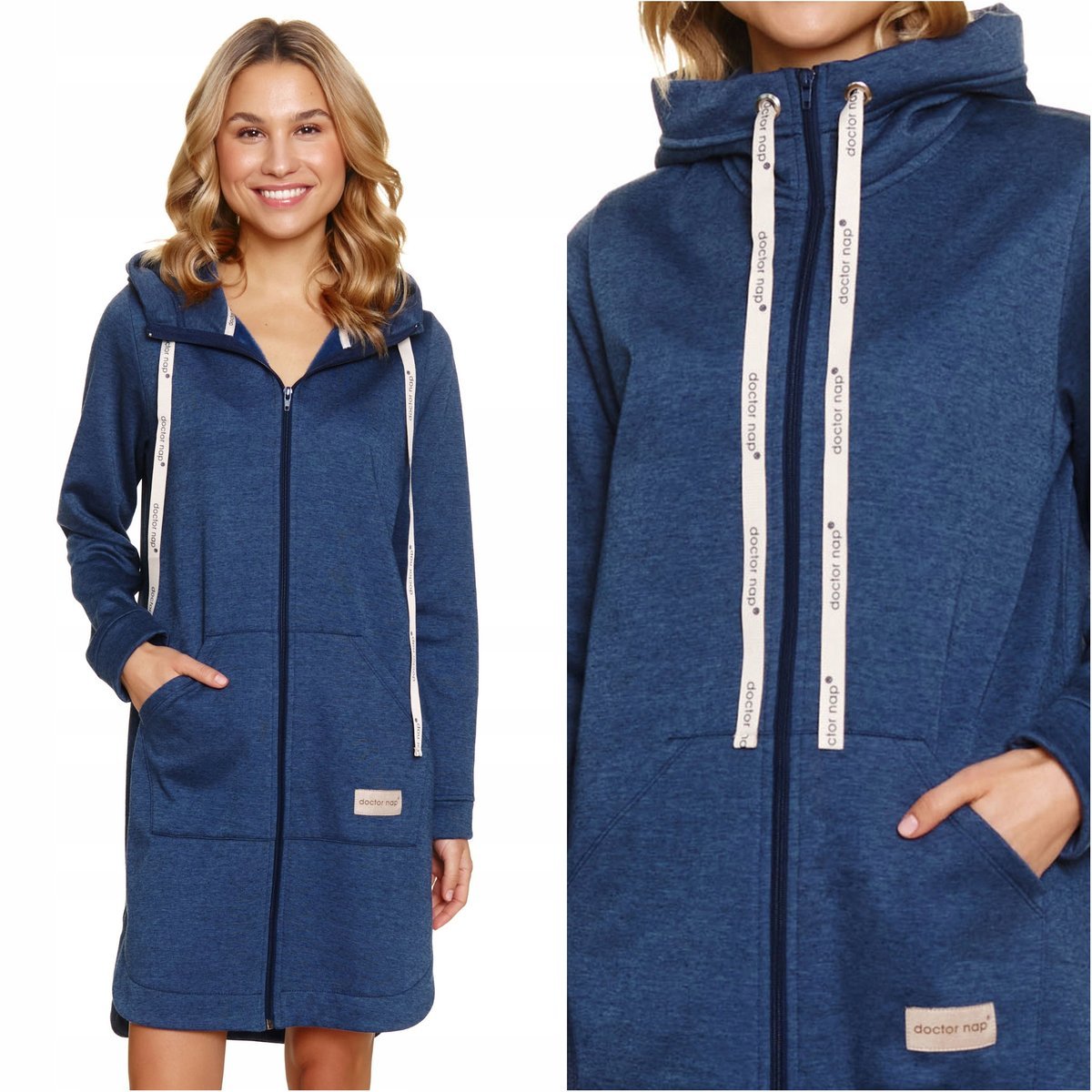 Szlafrok damski na zamek z kapturem DOCTOR NAP 7228 indigo melange XXL