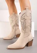 Kozaki damskie - Beżowe Kozaki Kowbojki z Haftem na Cholewce i Metalowym Akcentem przy Obcasie Tialethe - Renee - miniaturka - grafika 1