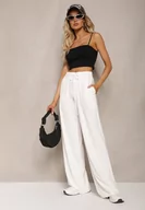 Spodnie damskie - Białe Dresowe Spodnie z Bawełny z Wysokim Stanem i Sznurkiem Letenti - miniaturka - grafika 1