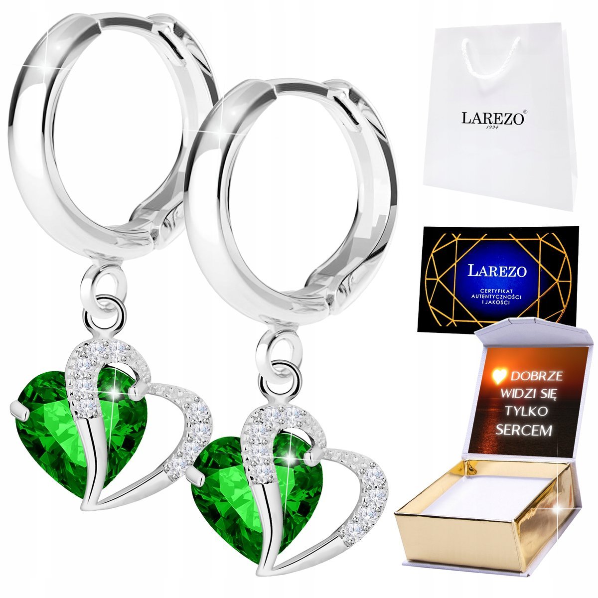 Kolczyki Srebrne 925 Zielone Serca z Cyrkoniami Serduszka Serce Love NADRUK