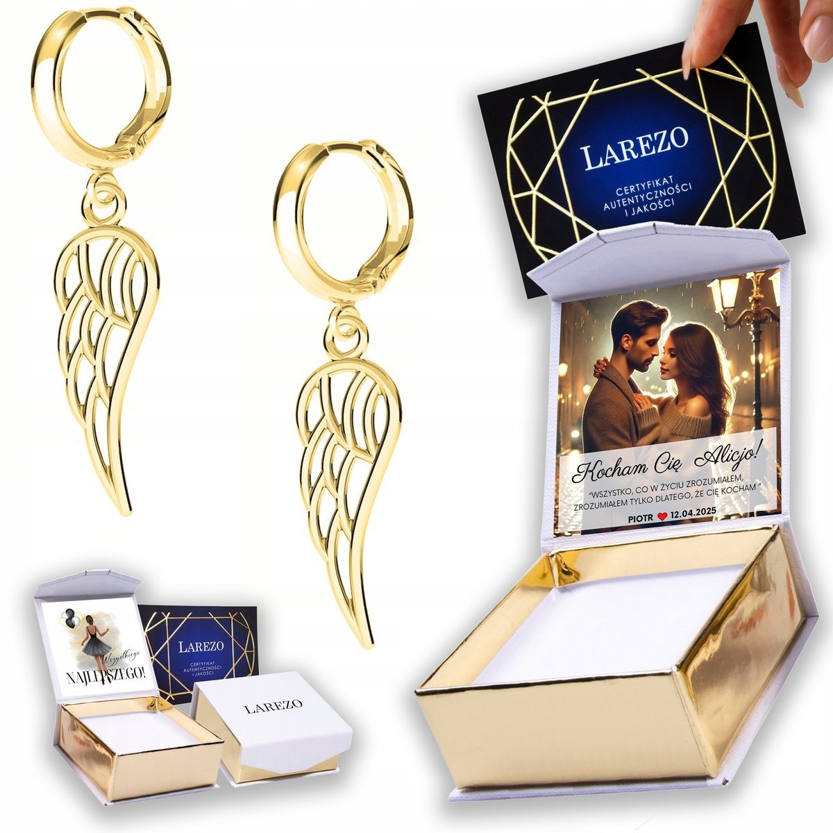 Złote Kolczyki 925 Skrzydła Skrzydełka Anioła Ptaka Wings NADRUK