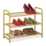 Moda i Uroda OUTLET - Relaxdays Regał na buty, 6 par butów, wys. x szer. x gł.: 48 x 60 x 25 cm, metalowa półka na buty, wąska, 3 półki, stelaż na buty, złoty, stal - miniaturka - grafika 1