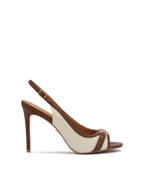 Sandały damskie - Brązowo-beżowe sandały ze skóry i tkaniny - miniaturka - grafika 1