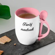 Kubki - Kubek z łyżeczką z Twoim nadrukiem - różowe wnętrze, uszko i łyżeczka - miniaturka - grafika 1