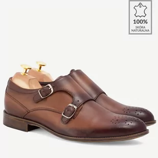 Skórzane buty wizytowe monki z ozdobnym ażurowaniem Ralph brązowe - BRILU - Półbuty męskie - miniaturka - grafika 1