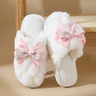 Kapcie damskie - TEMU Stylowe damskie kapcie w kratę z kokardką na jesień i zimę, idealne dla par do noszenia w domu, przytulne i wygodne pluszowe kapcie, które - miniaturka - grafika 1