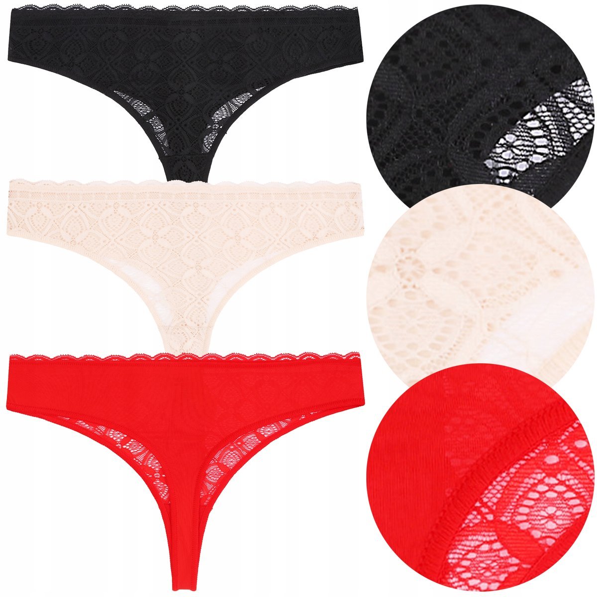 STRINGI DAMSKIE Majtki Kobiece Seksowne Koronka 3 sztuki 3-PAK MORAJ r. M