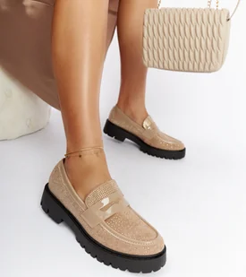 Beżowe mokasyny zdobione cyrkoniami Newport-39 - Mokasyny damskie - miniaturka - grafika 1