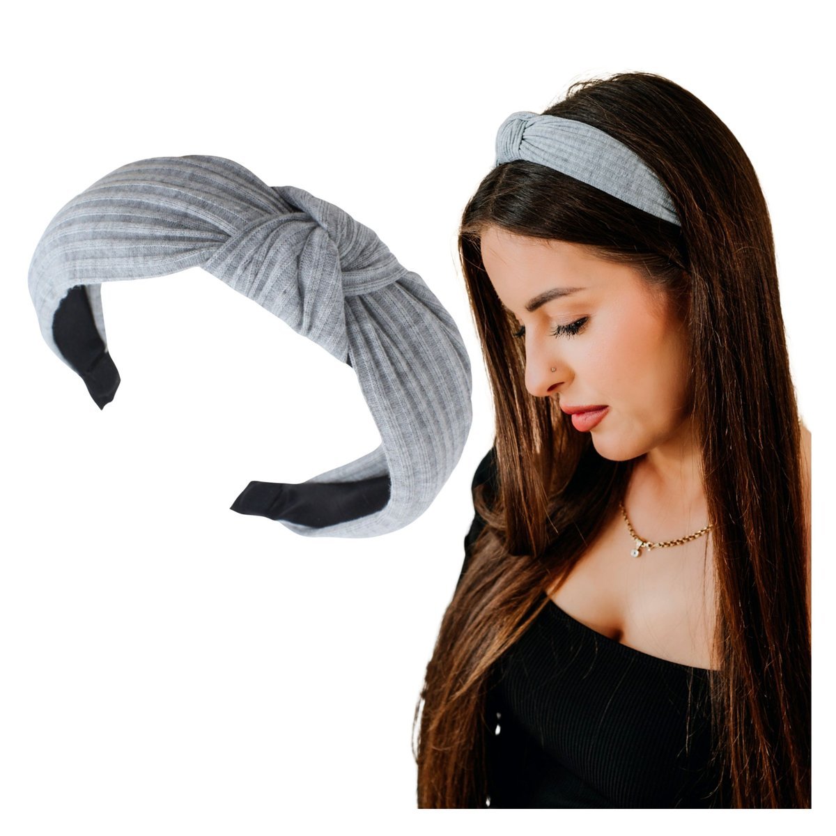 Opaska do Włosów Szara Szeroka w Prążkowany Wzór z Supłem Lekka i Wygodna