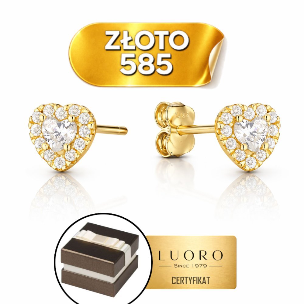 KOLCZYKI ZŁOTE 585 14K SERCA CYRKONIE SZTYFT 6 MM ELEGANCKIE PREZENT