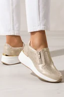 Półbuty damskie - Złote sneakersy damskie ażurowe sportowe półbuty na koturnie ażurowe ze złotymi dodatkami skórzana wkładka Casu JW25X8-G - miniaturka - grafika 1