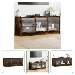 The Living Store Szafka pod telewizor ze szklanymi drzwiami dąb wędzony 102x37x42 cm - Szafki RTV - miniaturka - grafika 1