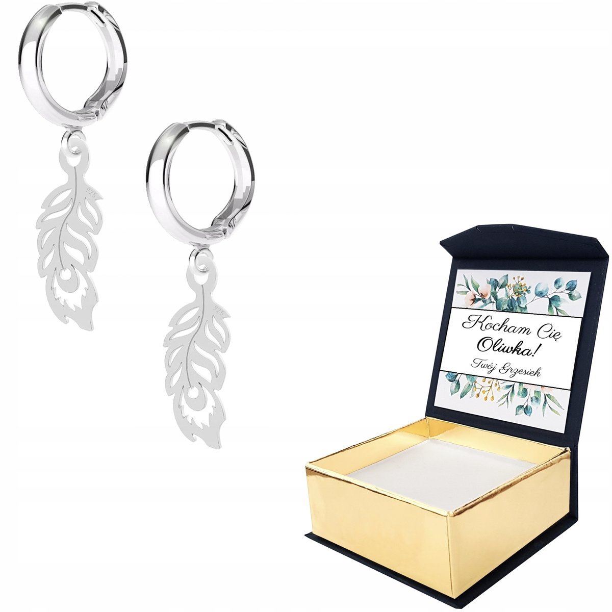 Kolczyki srebrne Pawie Pióro Piórko WŁASNY NADRUK