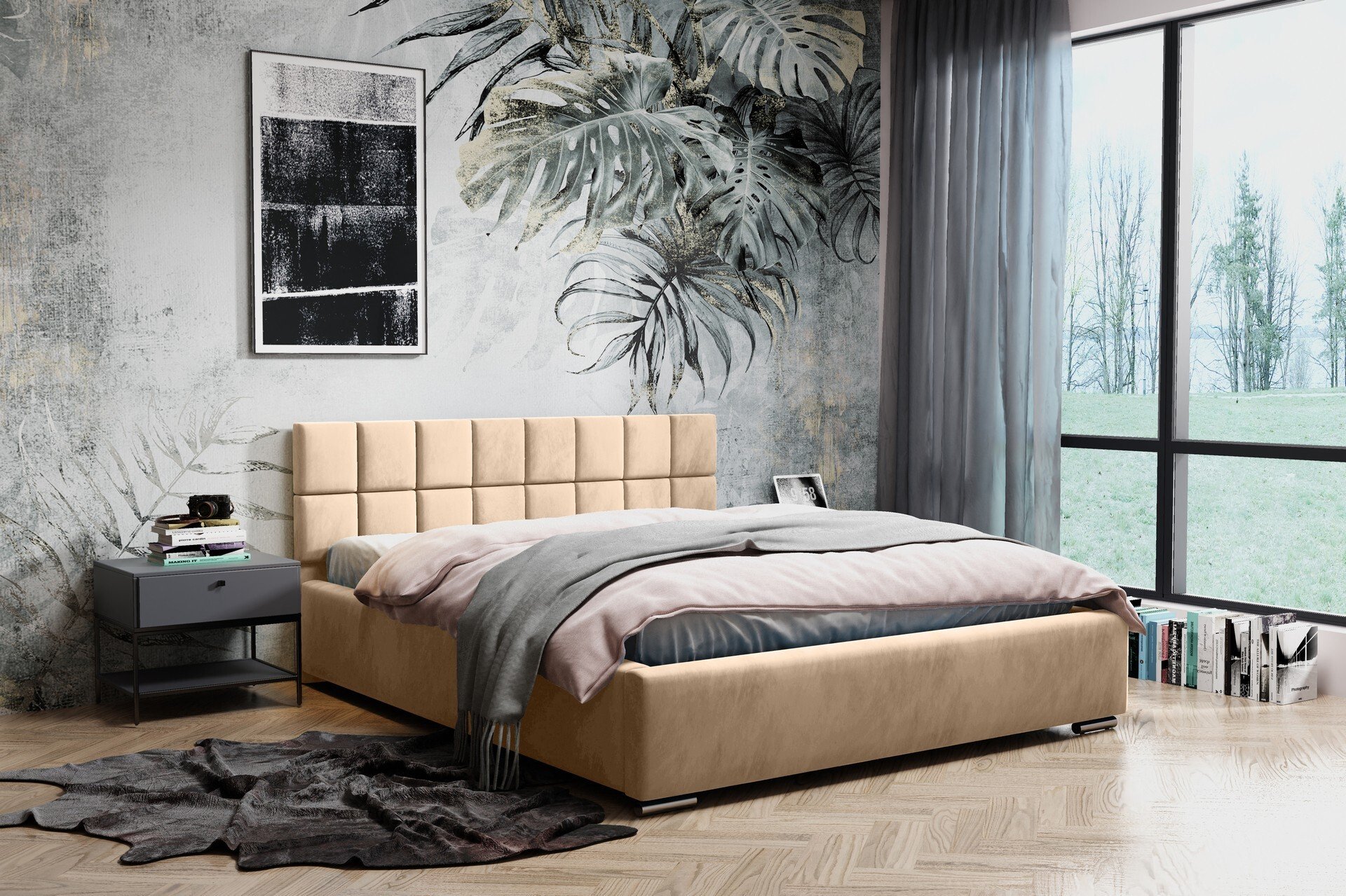 Łóżko tapicerowane Dream z zagłówkiem, 120x200 cm, łóżko podwójne z podstawą łóżka i drewnianą ramą z listew, tkanina welurowa: Begie