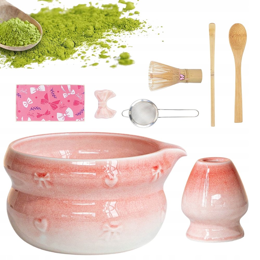 Zestaw Do Herbaty Matchy 8 Części Ceramiczna Miska Bambusowy Chasen Kwiaty