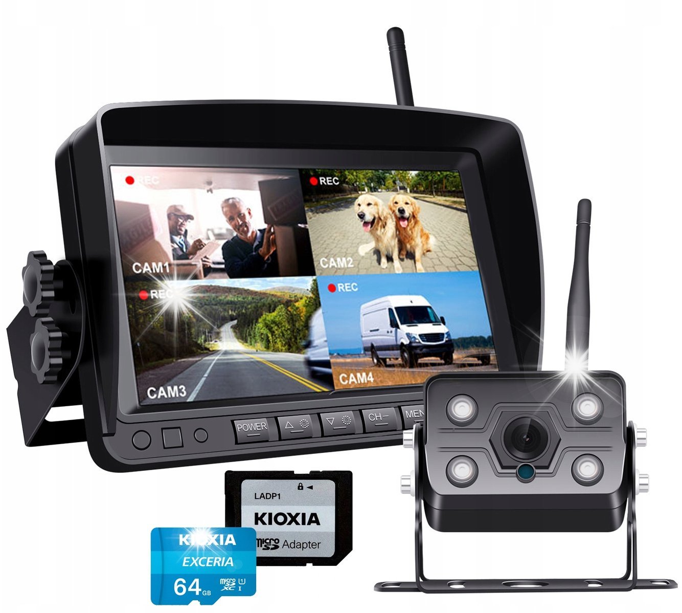 Wideorejestrator Mbg Line ZESTAW FullHD MONITOR KAMERA COFANIA BEZPRZEWODOWY REJESTRATOR + 64GB CN4