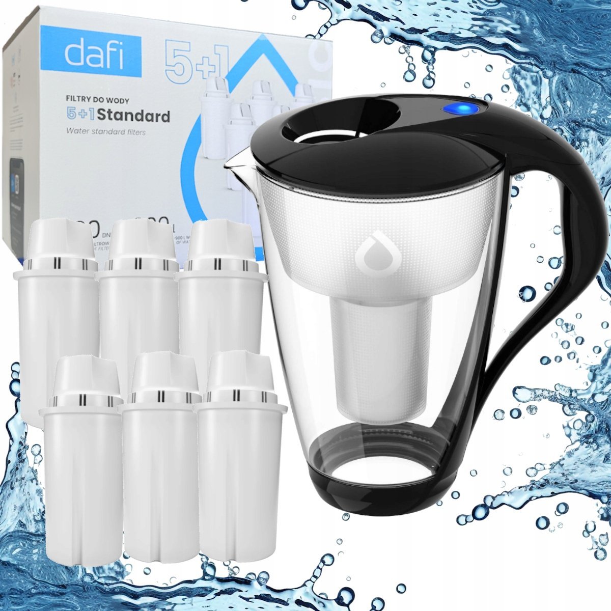 Szklany Dzbanek filtrujący Dafi CRYSTAL czarny + 6 filtrów wkładów CLASSIC