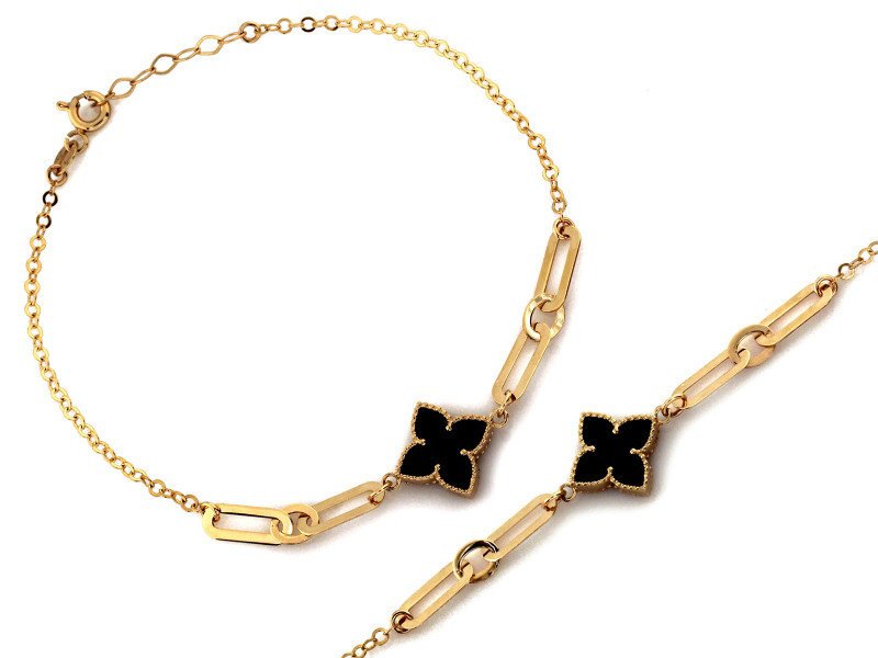 Złota bransoletka 585 kwiatuszki z onyksem duże ogniwa 1,82g s